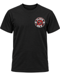 Black unisex Flock Off Tee shown front-on, with the circular red and white chest badge on the left chest