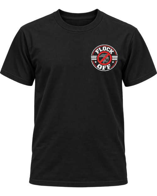 Black unisex Flock Off Tee shown front-on, with the circular red and white chest badge on the left chest